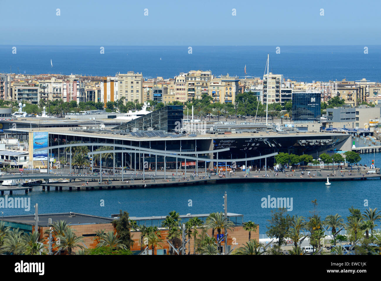 The Romantic route in Barcelona. Monjuic mountain. View of recreation boats in Barcelona Harbour. Maremagnum. Montjuic, Above Harbour, Barcelona. Stock Photo