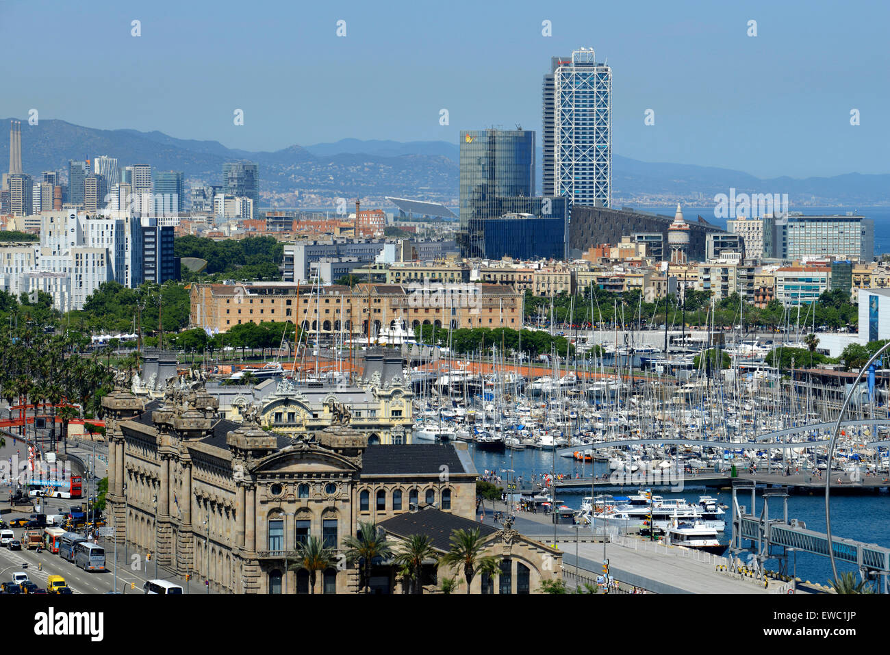 The Romantic route in Barcelona. Monjuic mountain. View of recreation boats in Barcelona Harbour. Maremagnum. Montjuic, Above Harbour, Barcelona. Stock Photo