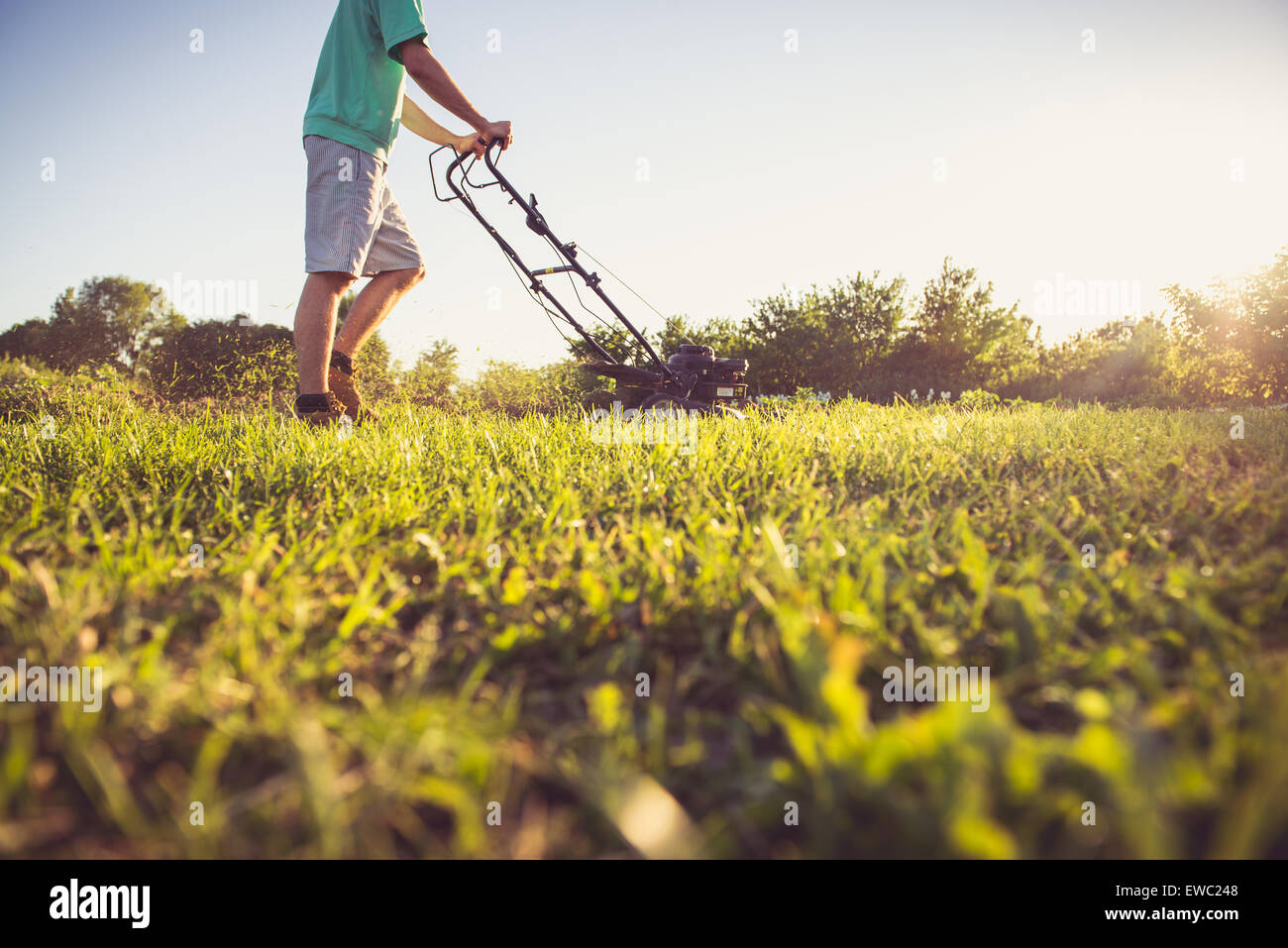 Photo of a young man mowing the grass during the beautiful evening. Stock Photo