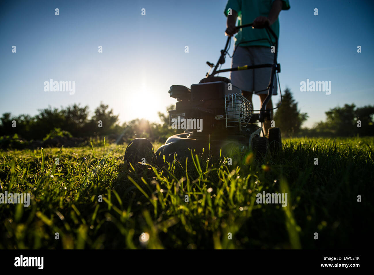 Photo of a young man mowing the grass during the beautiful evening. Stock Photo