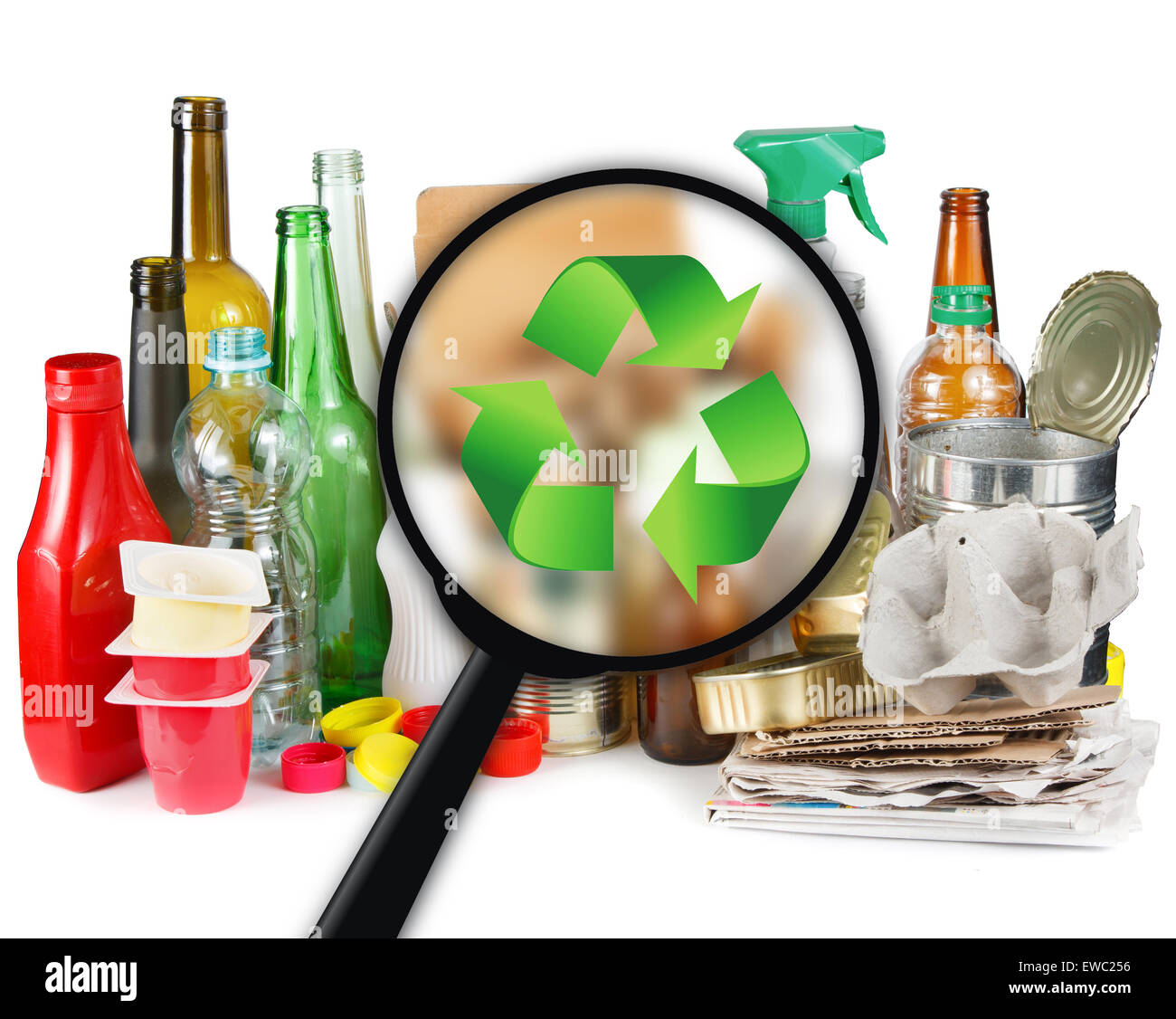 Men looking for a recycling symbol on plastic garbage Stock Photo