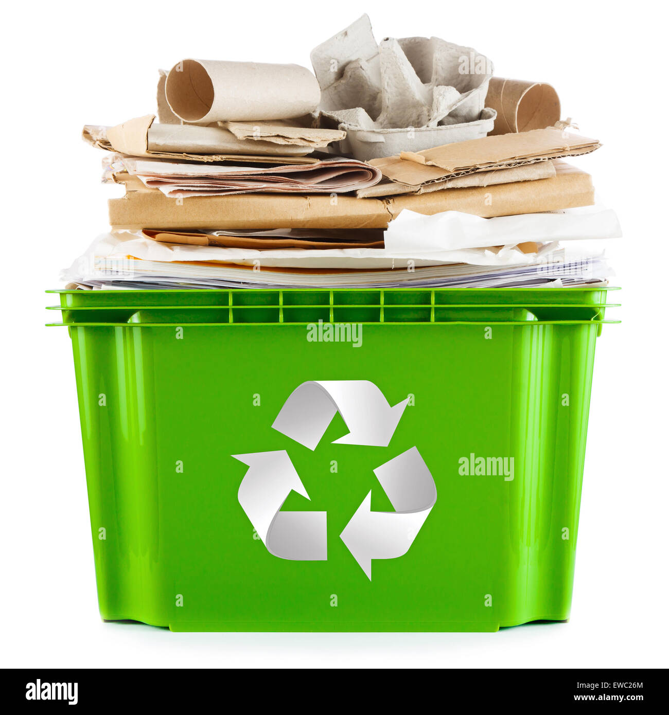 Recycling concept - bin full of old newspapers, paper, cardboard and egg boxes Stock Photo