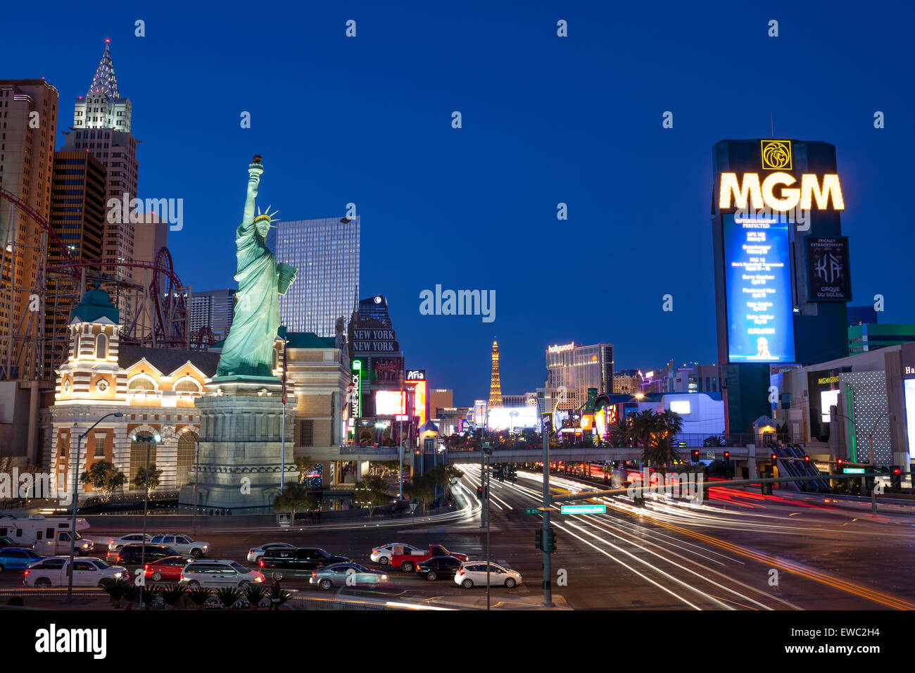Las Vegas Boulevard 'The Strip' long exposure night shot. View of MGM Grand Hotel and New York New York Hotel Stock Photo