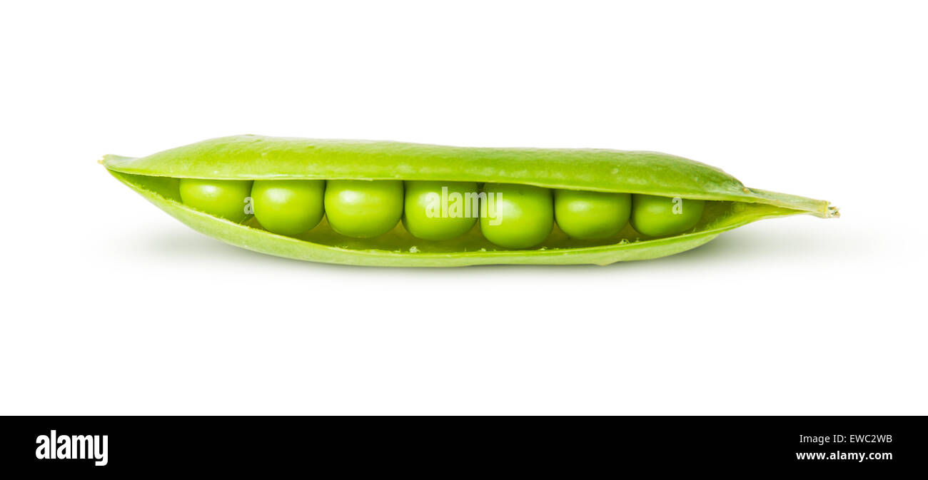 Opened pea pod green sugar isolated on white background Stock Photo