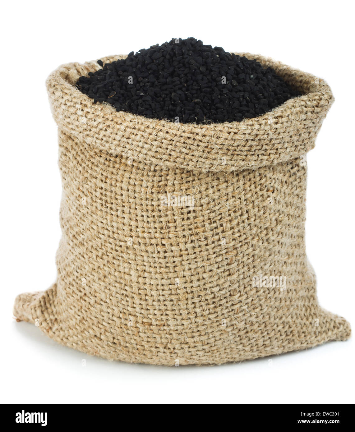 Nigella sativa (Black cumin) in small sack Stock Photo