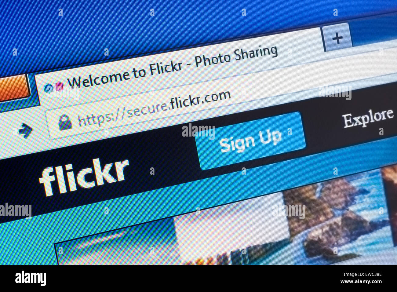 GDANSK, POLAND - APRIL 09, 2015.Flickr homepage on the computer screen. Flickr is an image hosting and video hosting website Stock Photo