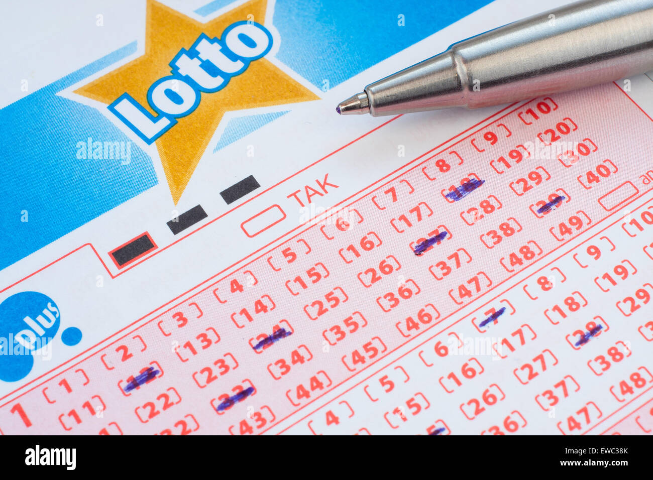 GDANSK, POLAND - APRIL 12, 2015. Lotto ticket with marked numbers Stock Photo