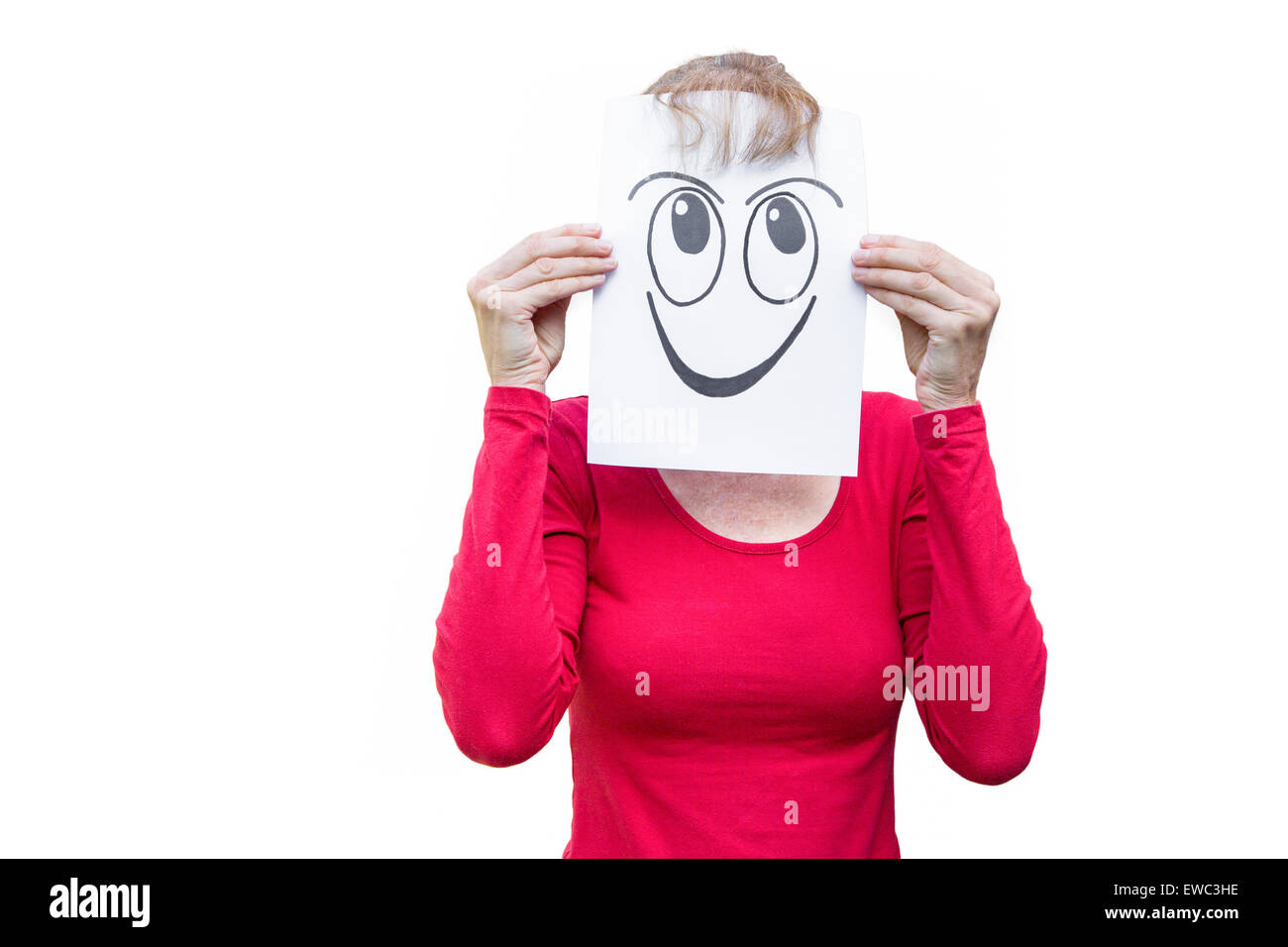 Happy woman with smiling facial expression isolated on white background Stock Photo