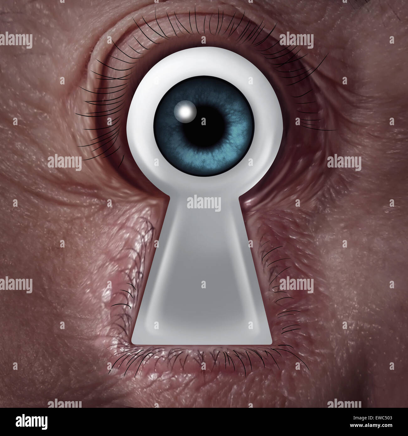 Key vision concept as a human eye shaped as a keyhole symbol as a business metaphor for finding the solution from within and being a visionary of innovation and security. Stock Photo