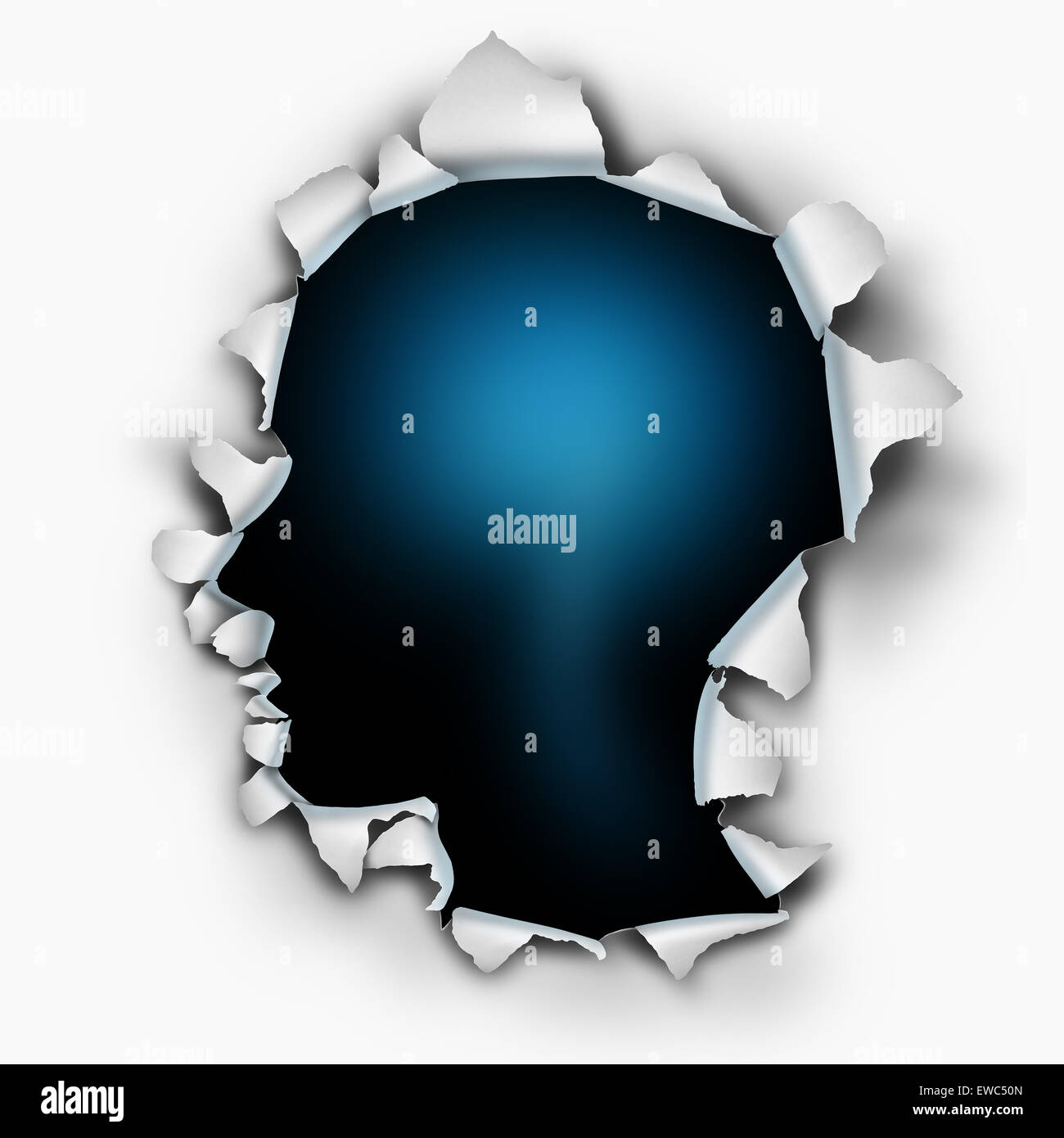 Inside of you human thinking concept as a paper burst hole with ripped torn edges shaped as a head on a white sheet that has been punctured or punched open as a symbol for understanding the mind and brain function or feelings and emotion. Stock Photo