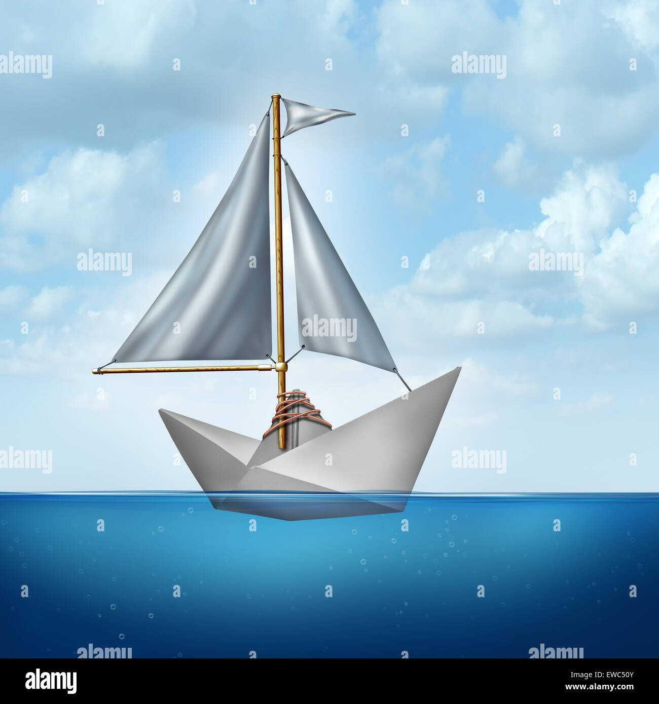 Upgrade your skills concept and improve abilities symbol as a boat sail tied to a paper boat as an upgrading and advancement metaphor for strategic innovation to succeed with change. Stock Photo