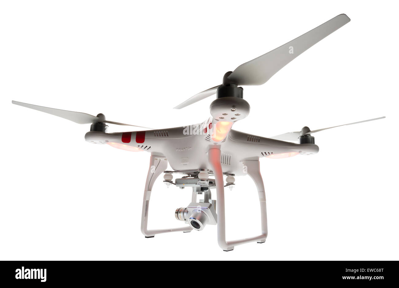 DJI Phantom drone. Aerial video capture. Flying machine. High viewpoint, unmanned aircraft. Remote controlled vertical lift. Stock Photo