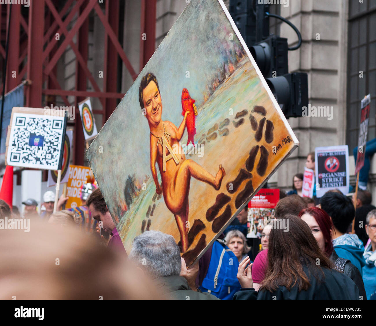 George Osborne painting being carried on a march against austerity outside the Bank of England, London, on June 20 2015 Stock Photo