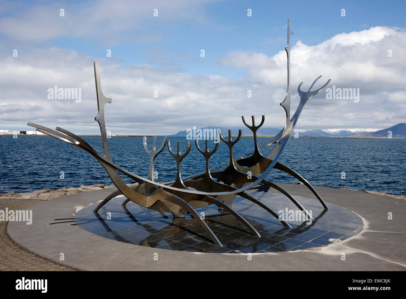 solfarid the sun voyager viking ship sculpture on Reykjavik seafront iceland Stock Photo