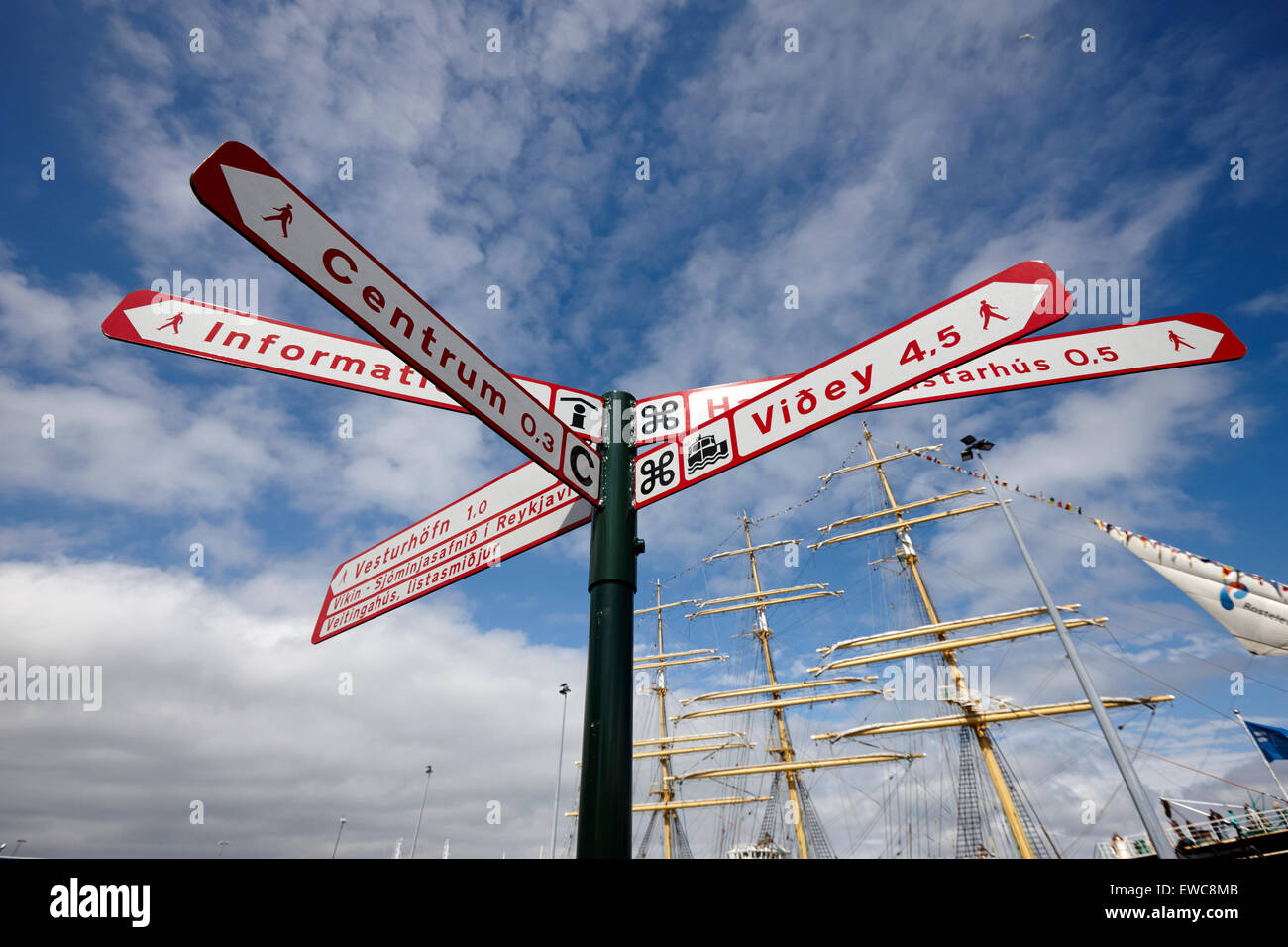 direction signs to tourist spots and walking distances in Reykjavik iceland Stock Photo