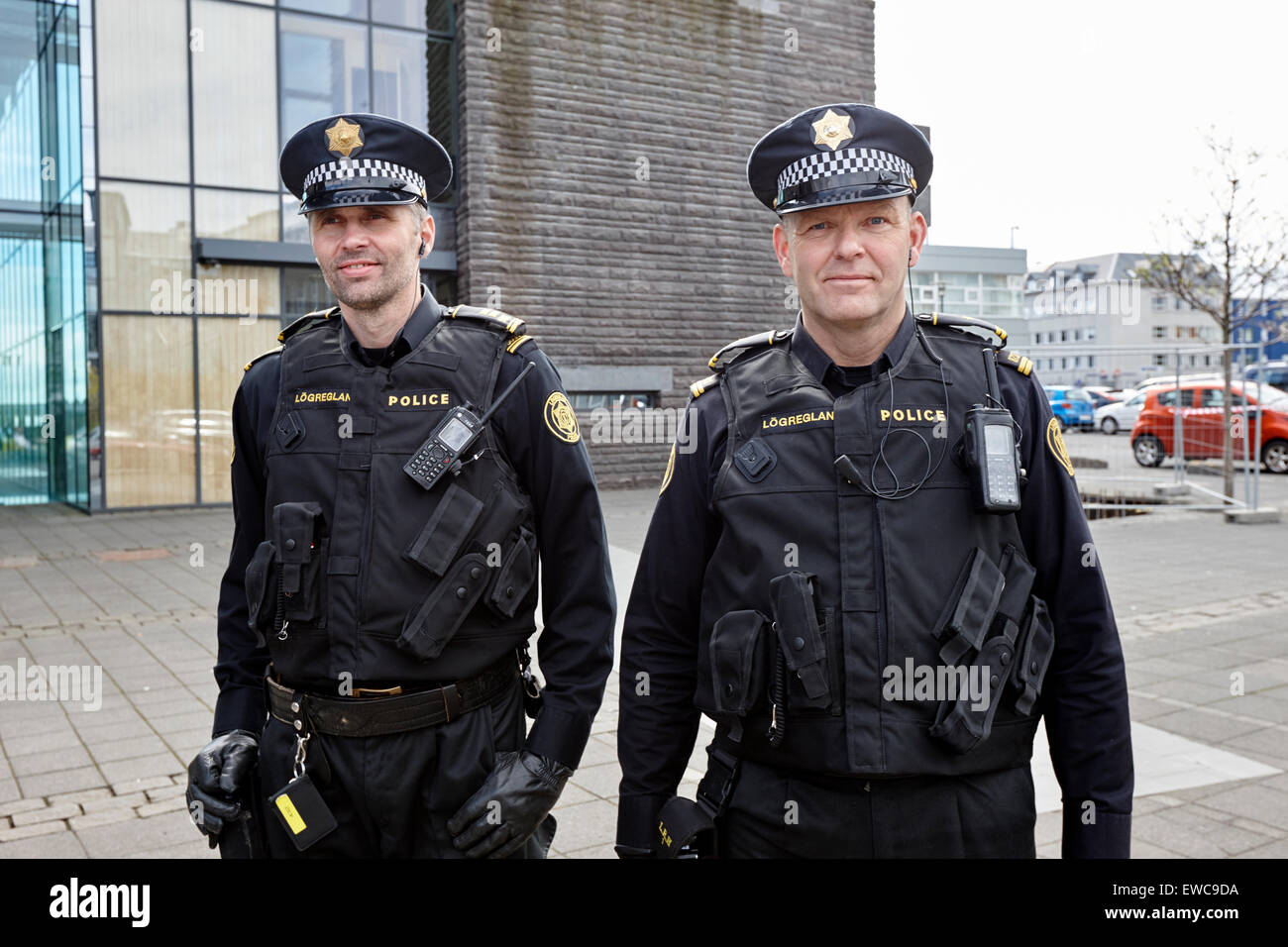 two logreglan icelandic police officers in Reykjavik iceland Stock Photo