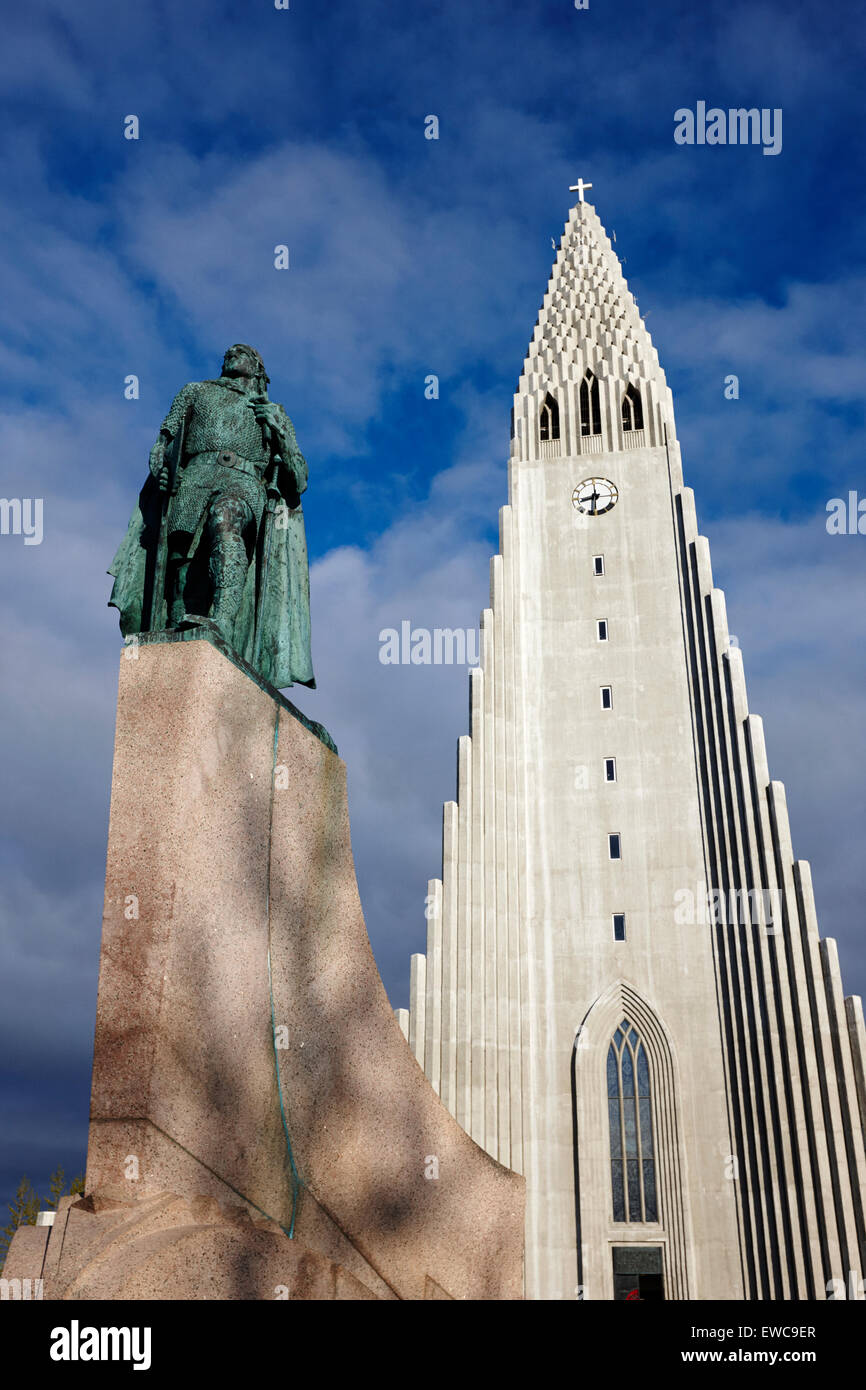 statue of explorer lief eriksson in front of Hallgrimskirkja church Reykjavik church of iceland Stock Photo