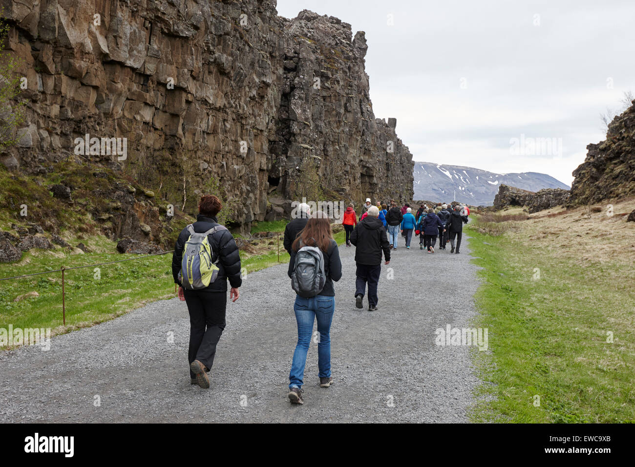 tourists walk through the Almannagja fault line in the mid-atlantic ridge north american plate Thingvellir national park iceland Stock Photo