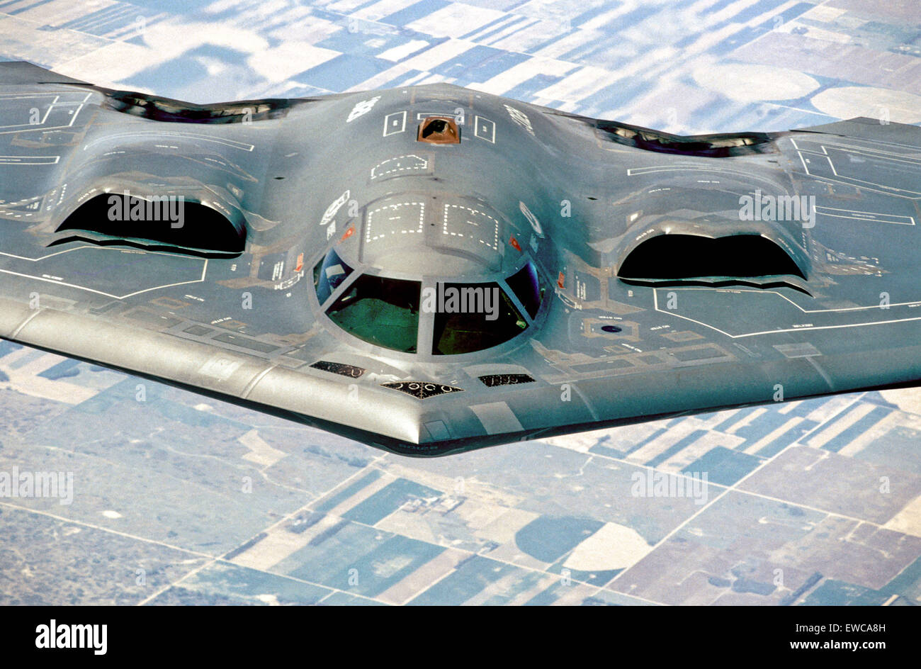 Usa. 17th Sep, 2013. USAF B-2.The public first saw the highly classified B-2 on Nov. 22, 1988, when it rolled out of its hangar at Air Force Plant 42 in Palmdale, Calif. The B-2 first flew on July 17, 1989, at Palmdale, Calif., and Northrop Grumman delivered the first operational B-2 on Dec. 17, 1993. Based at Whiteman Air Force Base, Mo., the B-2 soon demonstrated its combat capabilities in Operation Allied Force over Serbia in 1999, Operation Enduring Freedom over Afghanistan in 2001, and Operation Iraqi Freedom over Iraq in 2003.With a crew of only two -- the pilot in the left seat and Stock Photo