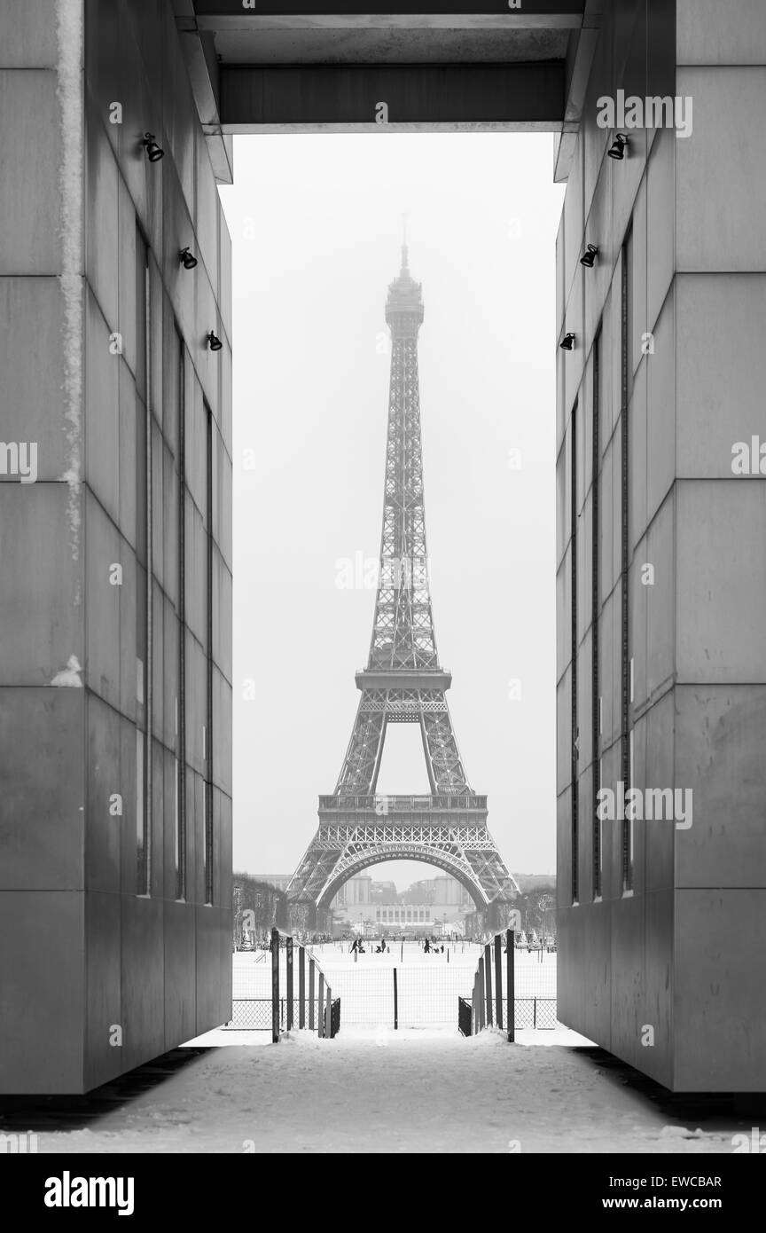 Eiffel tower under the snow from the Champs de mars in Paris Stock Photo