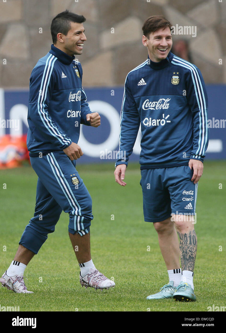 La Serena, Chile. 22nd June, 2015. Argentina's Sergio Aguero (L) and Lionel Messi take part in a training session, in La Serena, Chile, on June 22, 2015. Argentina will face Colombia, in the quarterfinal match of the Copa America Chile 2015 on June 26. Credit:  Claudio Fanchi/TELAM/Xinhua/Alamy Live News Stock Photo