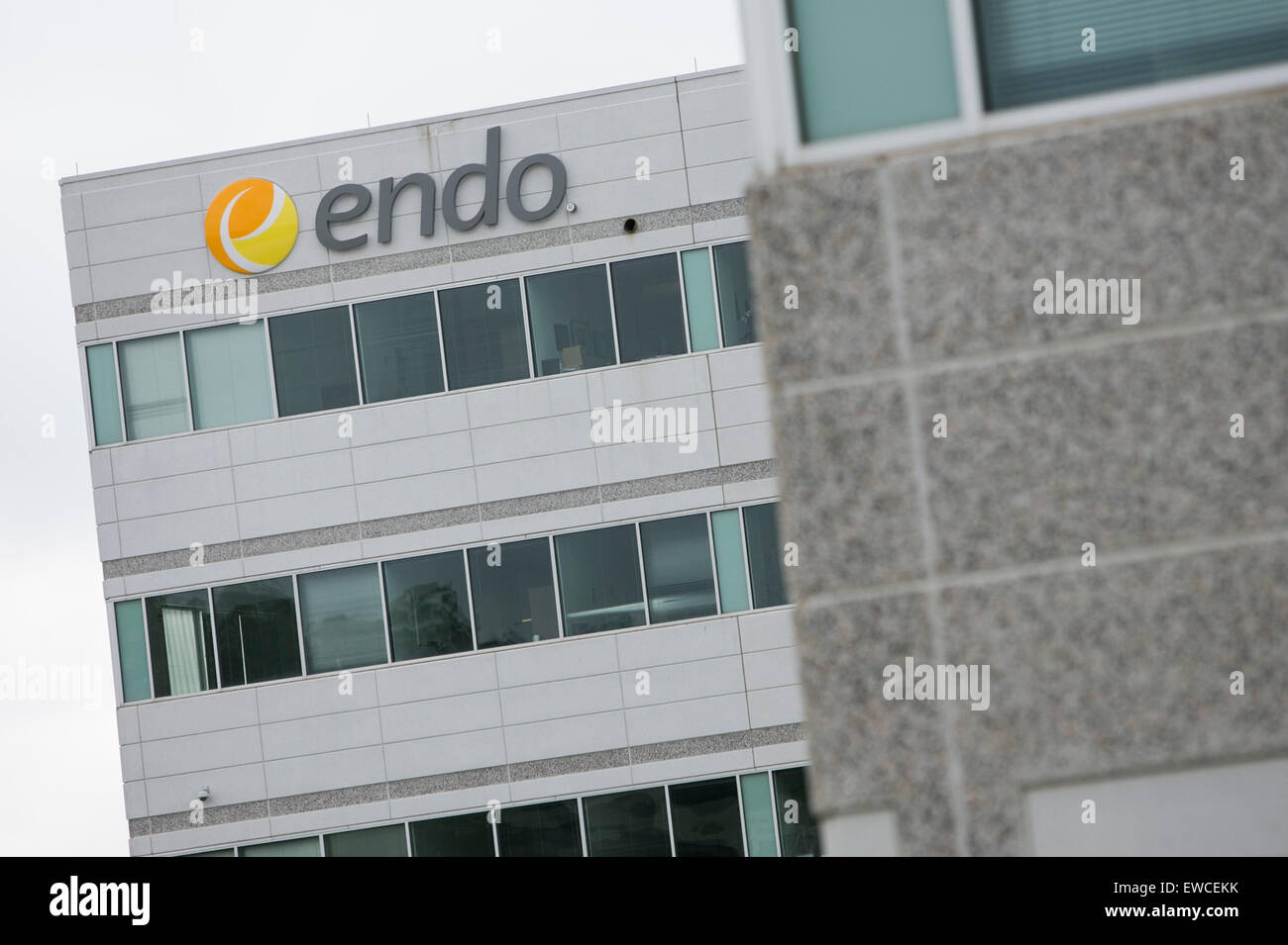 A logo sign outside of a facility occupied by Endo Pharmaceuticals in