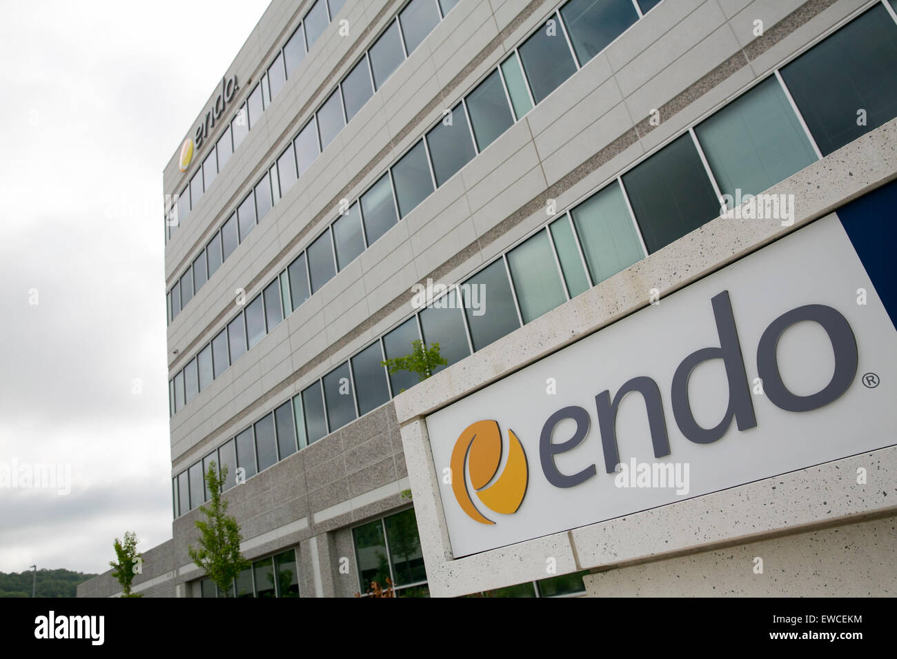 A logo sign outside of a facility occupied by Endo Pharmaceuticals in
