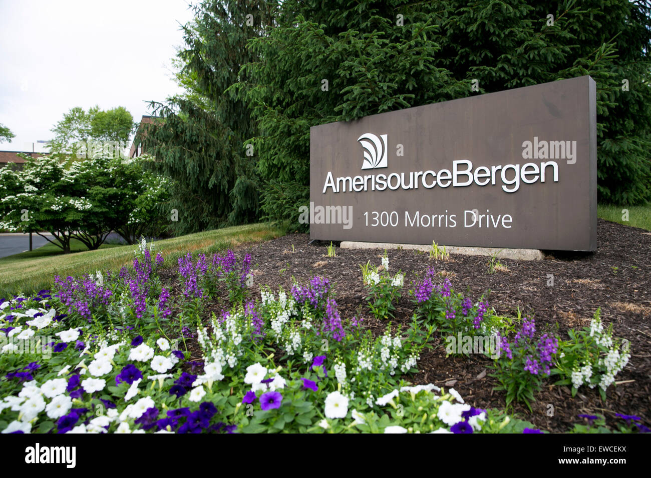 A logo sign outside of the headquarters of AmerisourceBergen in Chesterbrook, Pennsylvania. Stock Photo