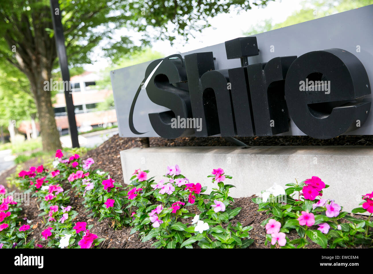 A logo sign outside of a facility occupied by the biopharmaceutical company, Shire PLC, in Chesterbrook, Pennsylvania. Stock Photo