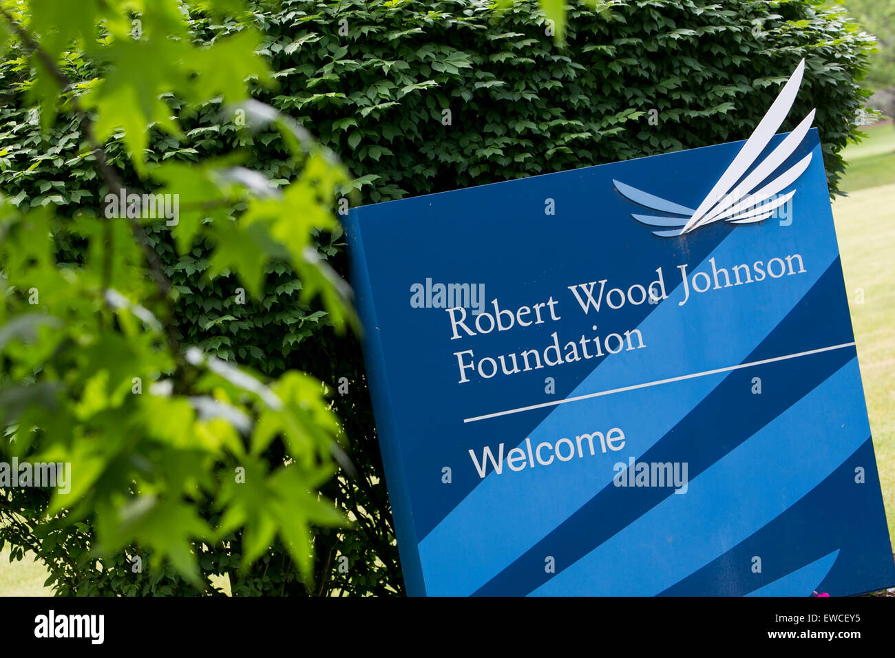 A logo sign outside of the headquarters of The Robert Wood Johnson