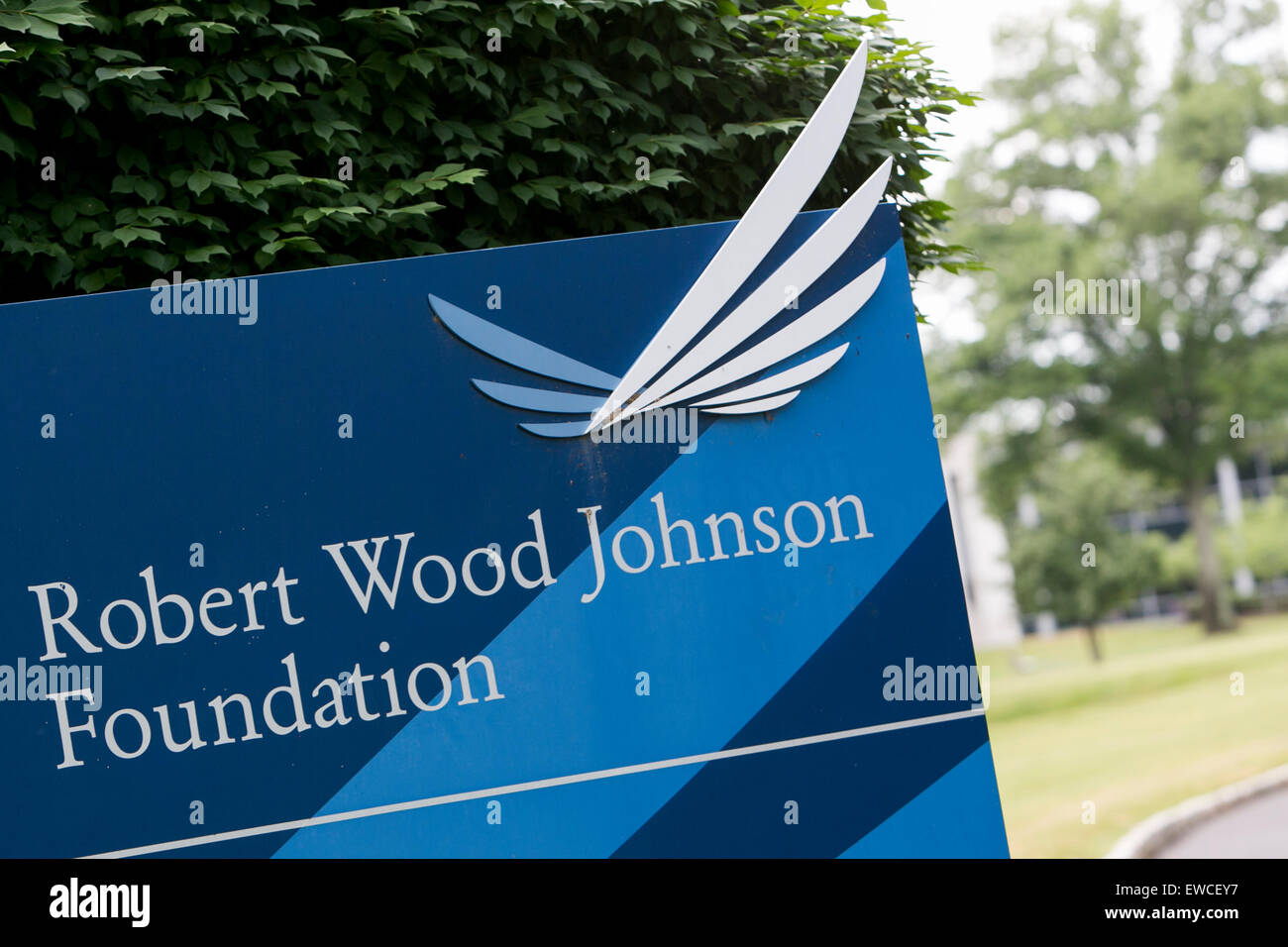 A logo sign outside of the headquarters of The Robert Wood Johnson