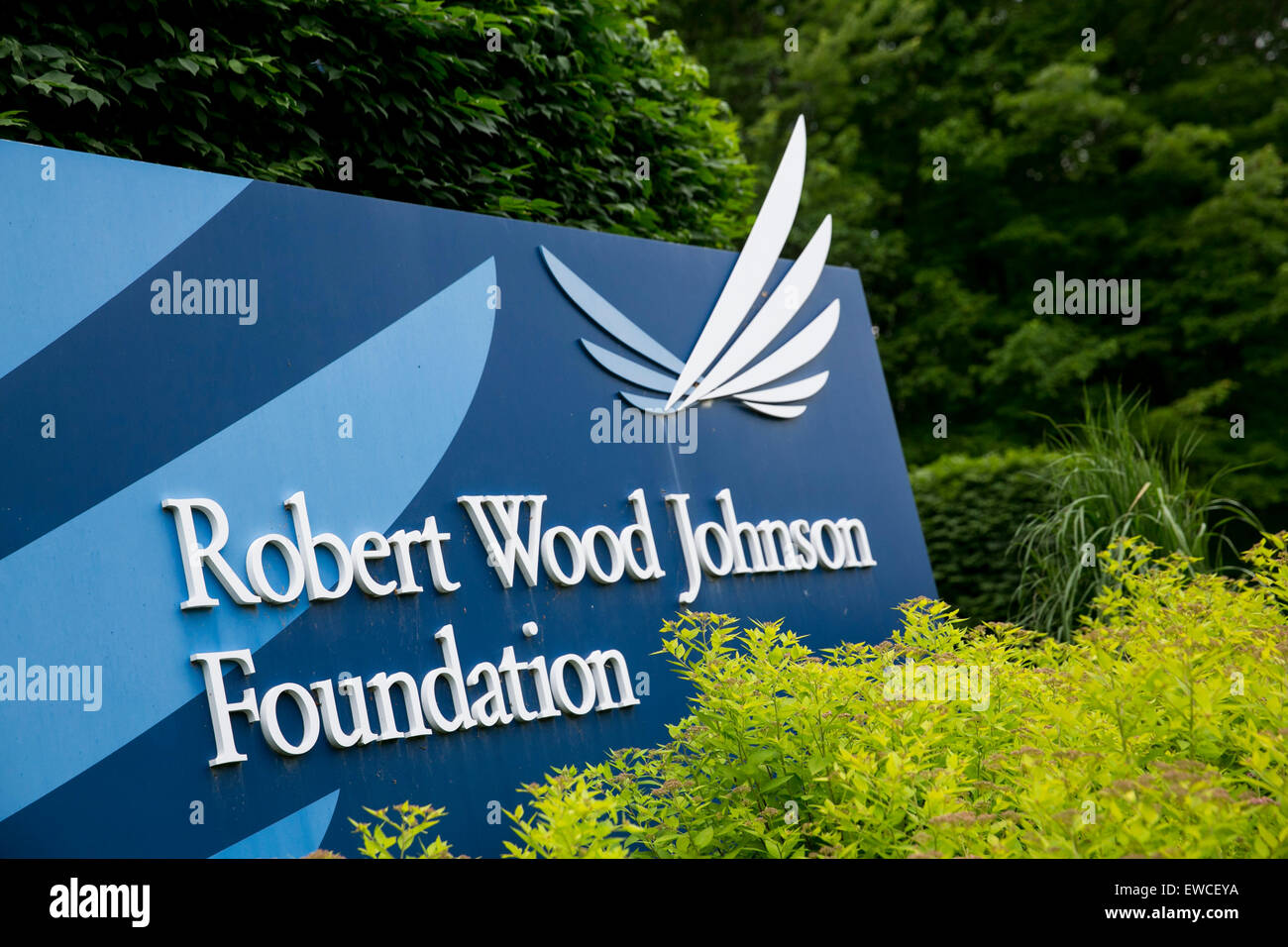 A logo sign outside of the headquarters of The Robert Wood Johnson