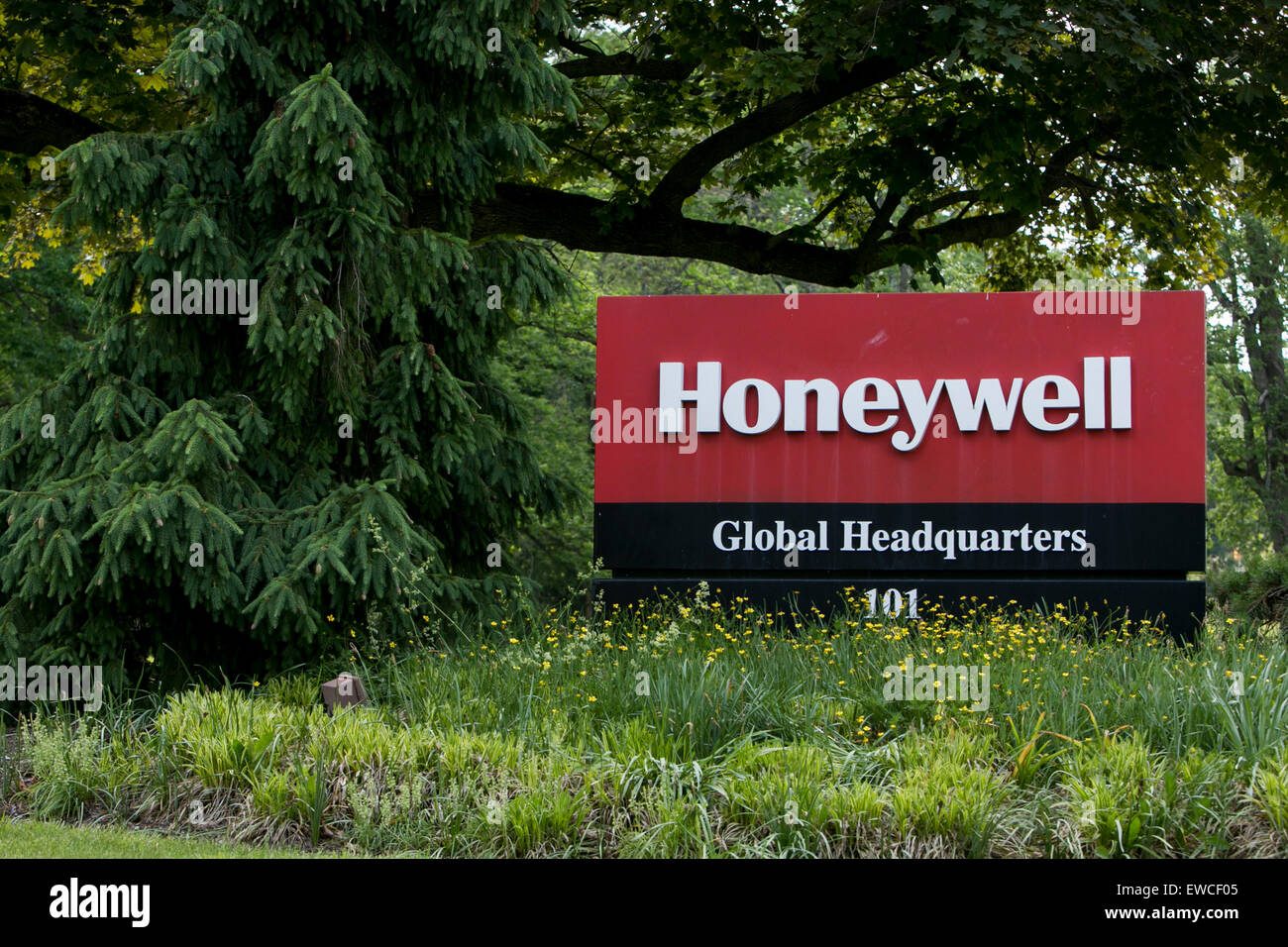 A logo sign outside of the headquarters of Honeywell International, Inc
