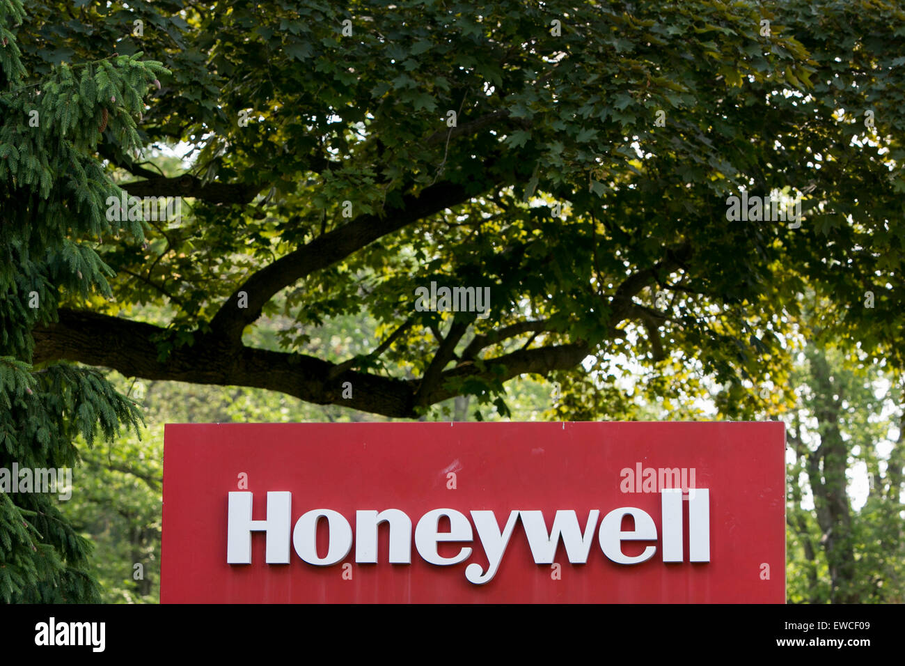 A logo sign outside of the headquarters of Honeywell International, Inc