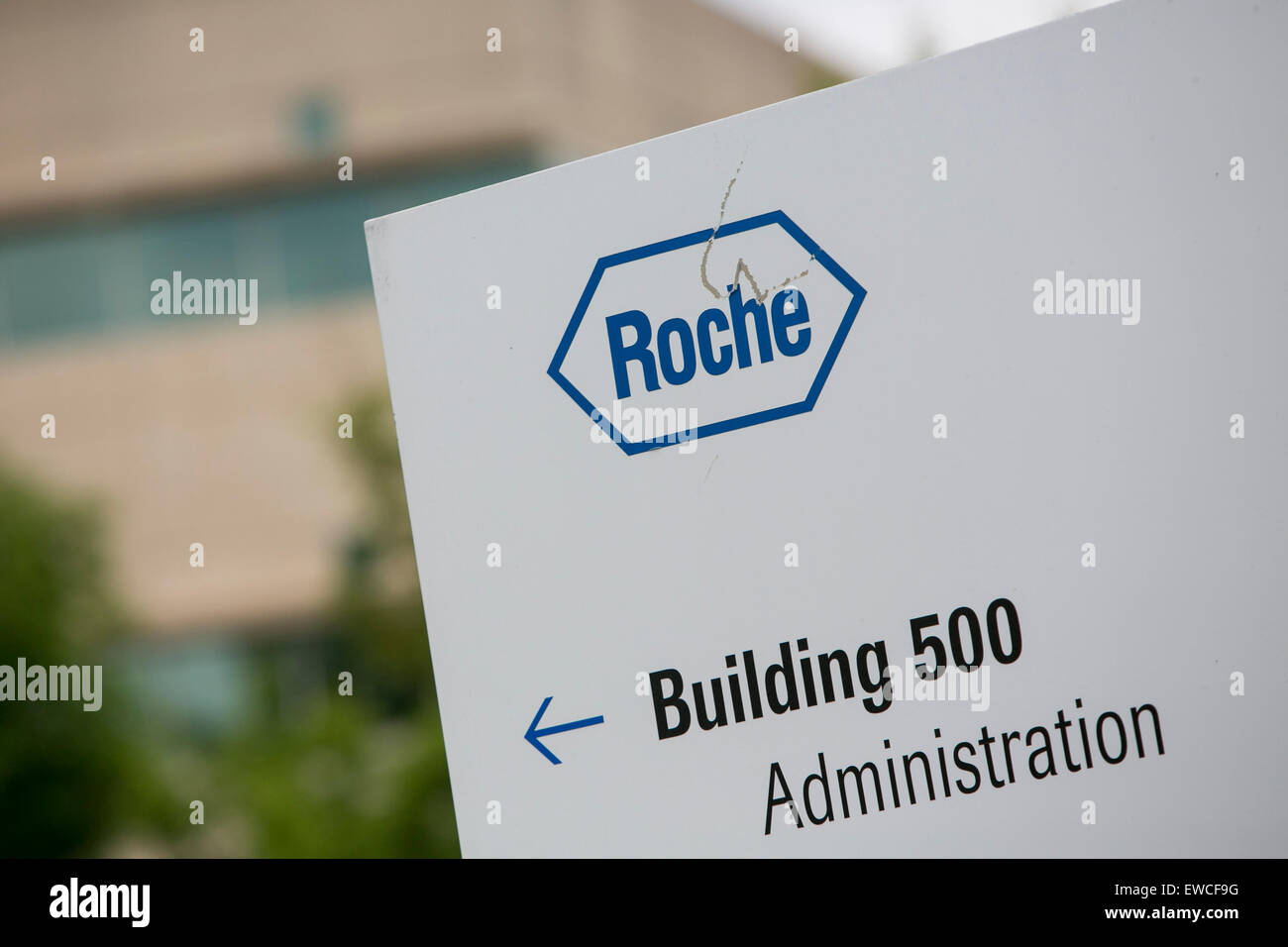 A logo sign outside of facility occupied by Roche Molecular Systems in Branchburg, New Jersey. Stock Photo