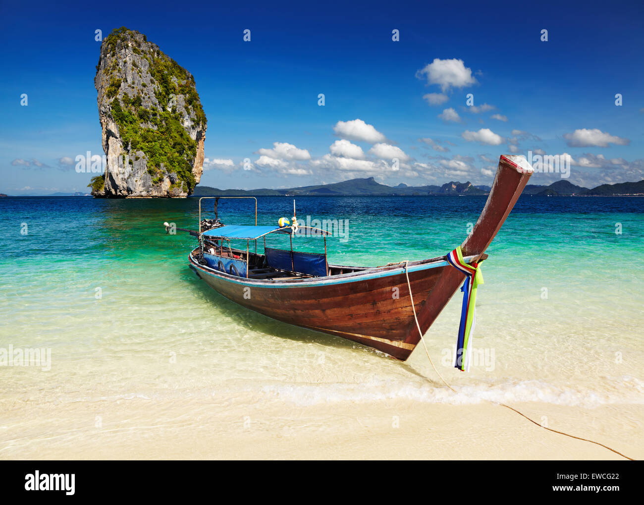 Long tail boat, Tropical beach, Andaman Sea, Thailand Stock Photo