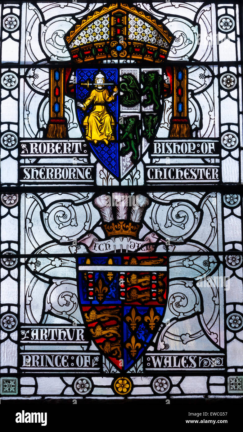 Stained glass window with the names Robert Sherborne and Arthur Prince of Wales in The Great Hall in Winchester England, UK Stock Photo