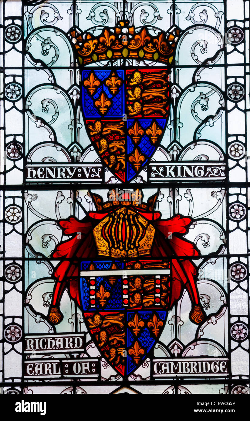 Stained glass window with the names Richard Earl of Cambridge and King