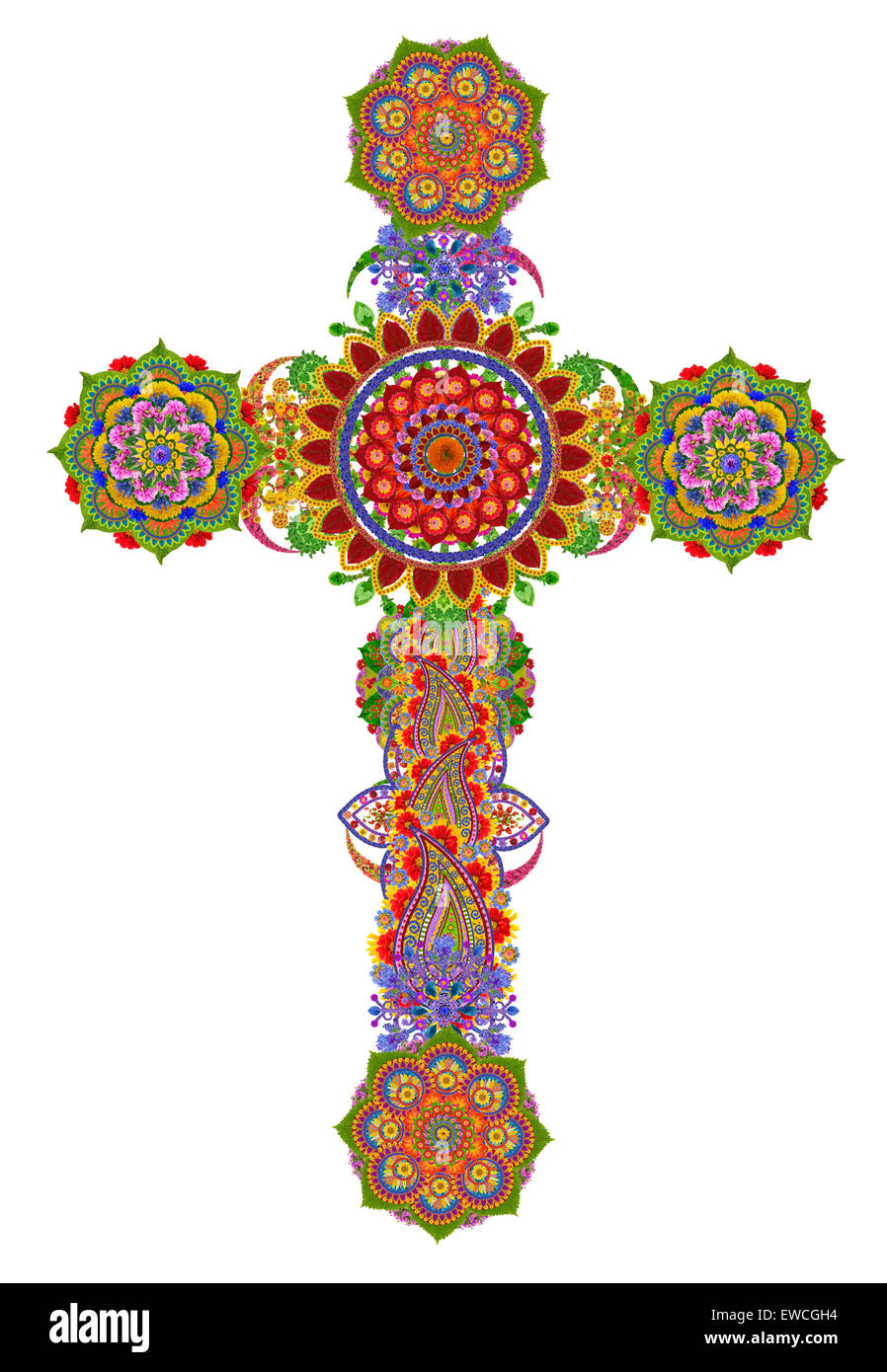 Sacred gentle cross of my God and Messiah Jesus Christ made from summer flowers. Isolated handmade collage Stock Photo