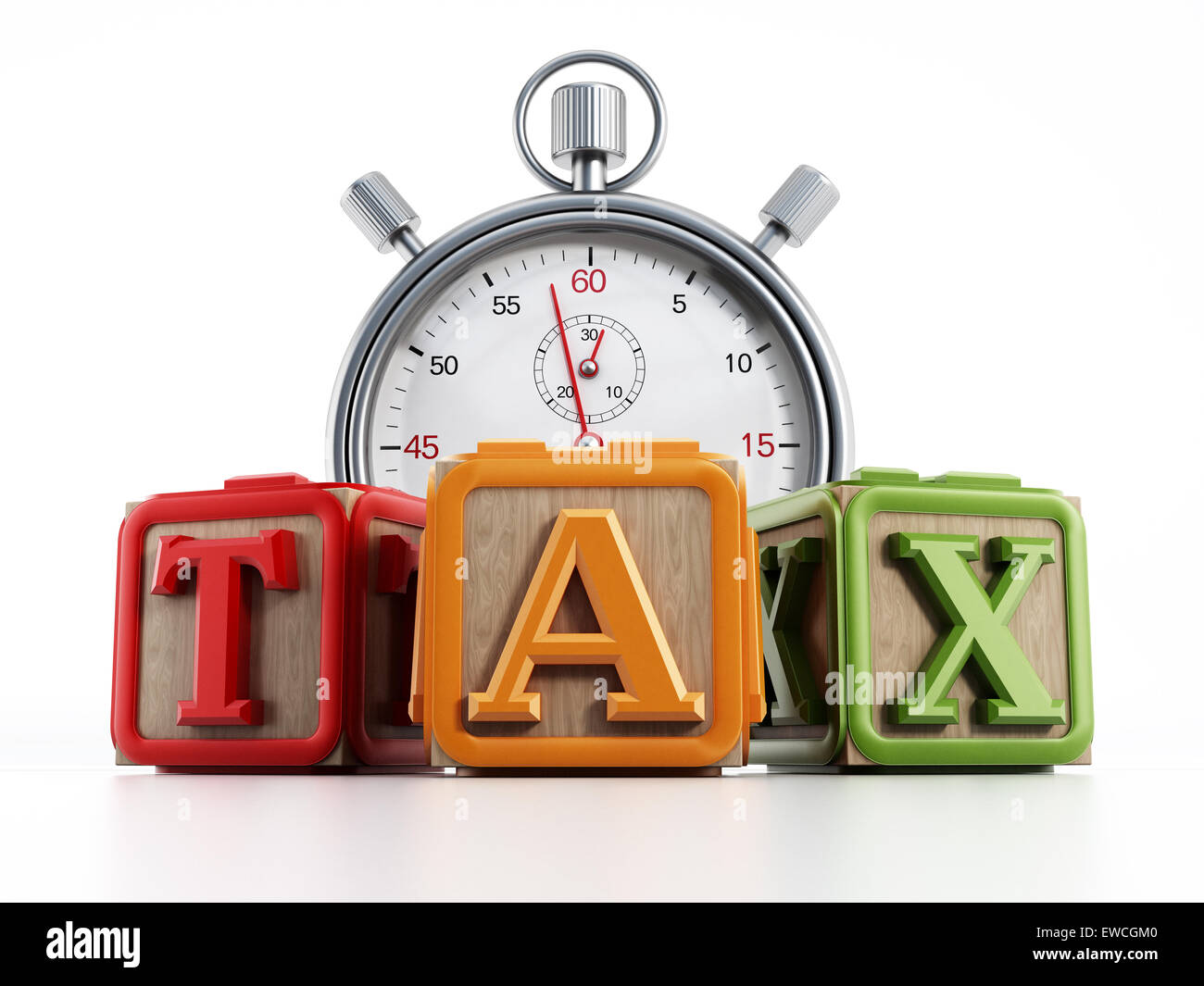 Toy cubes with the word TAX and chronometer isolated on white background. Stock Photo