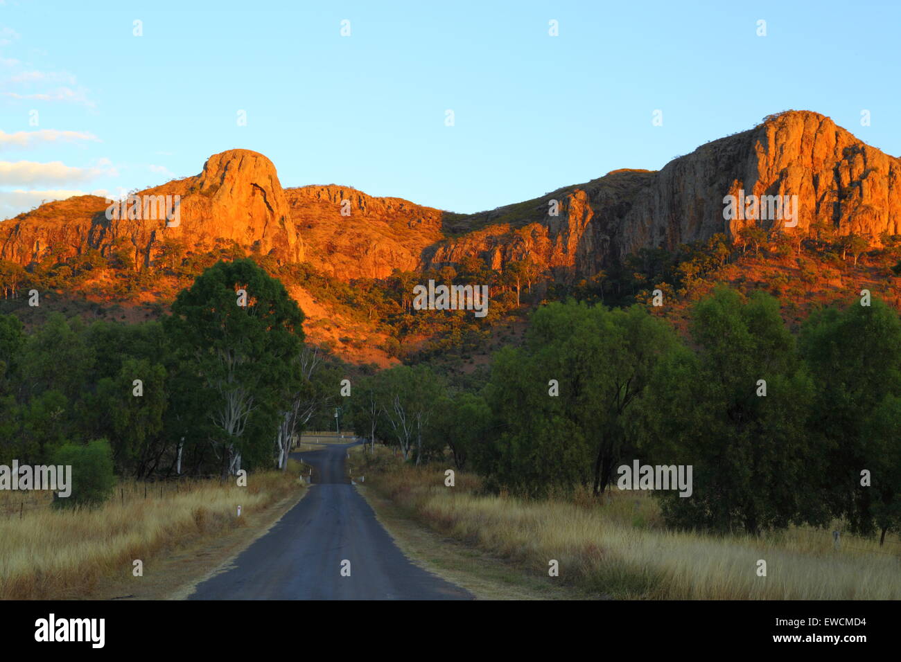 Morning views of Virgin Rock - part of Minerva Hills National Park in Springsure, Queensland. Stock Photo