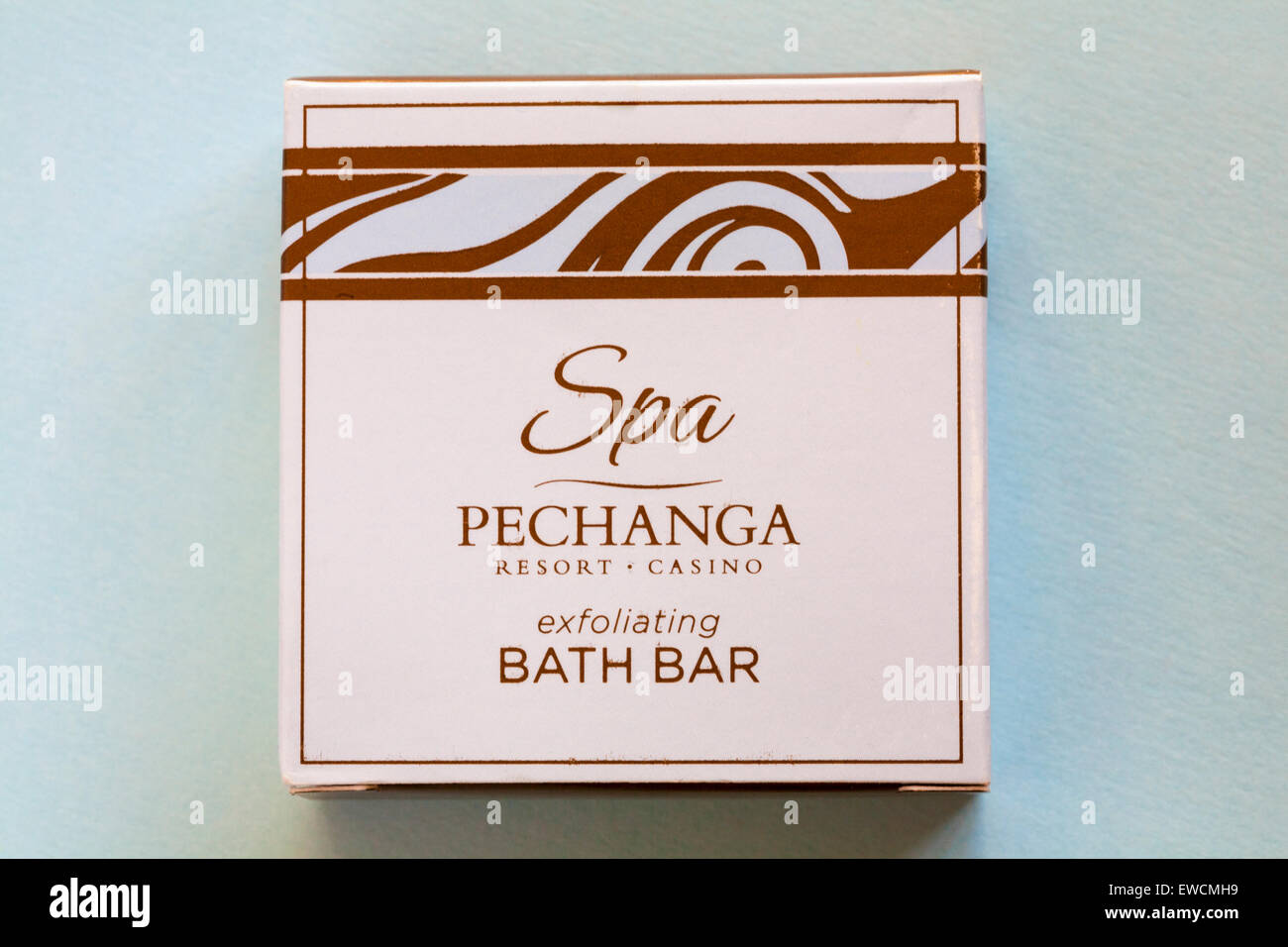 Spa Pechanga resort casino exfoliating bath bar bar of soap isolated on pale blue background Stock Photo