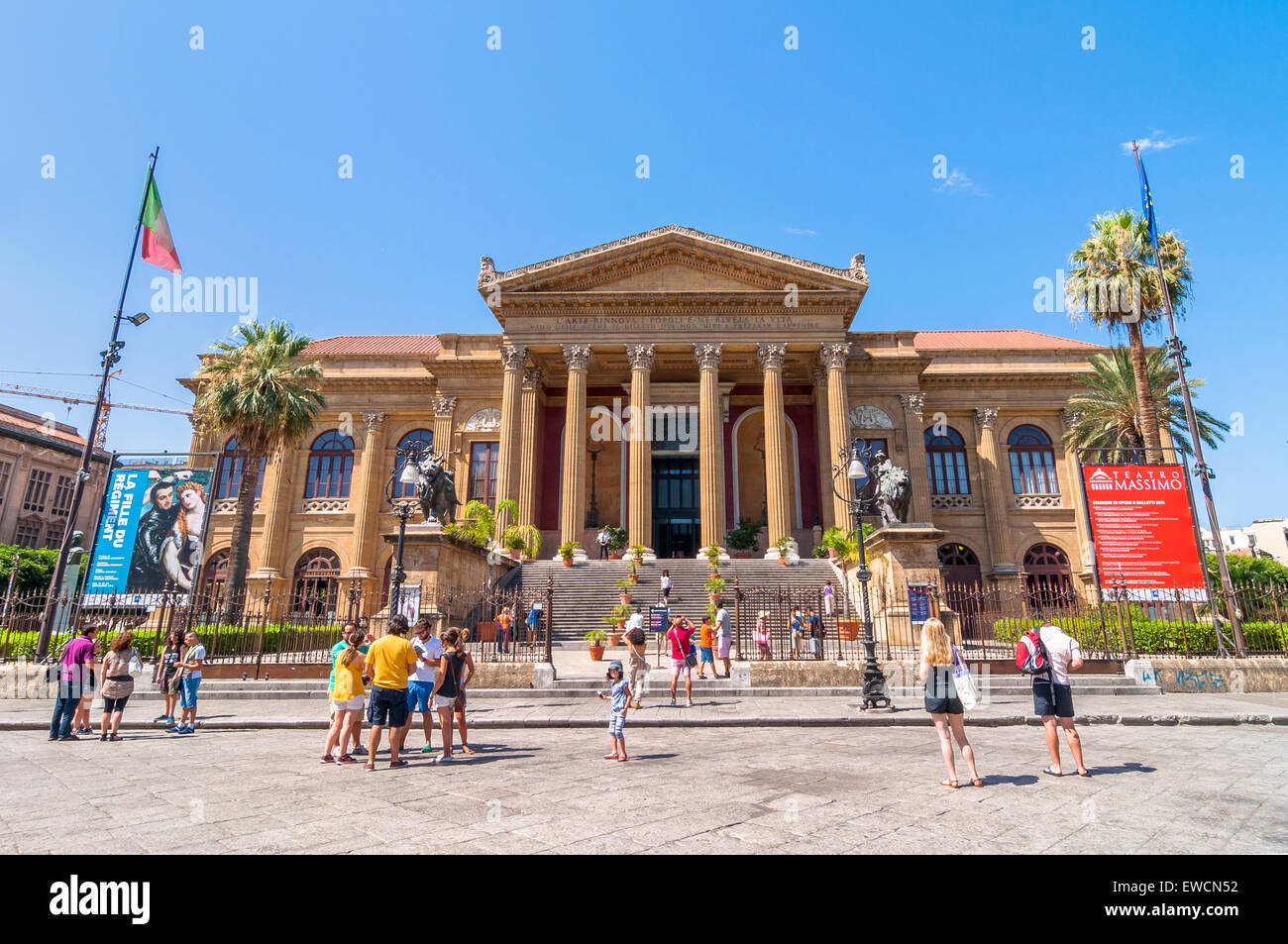 PALERMO, ITALY - AUGUST 16, 2014: tourists in front of famous opera house Teatro Massimo in Palermo, Sicily, Italy. Stock Photo