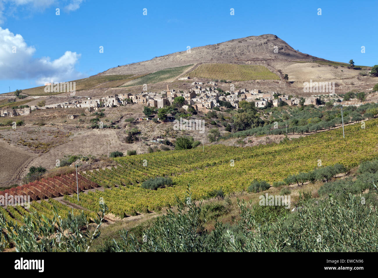 Belice valley, sicilian landscape : abandoned village on a green hill Stock Photo