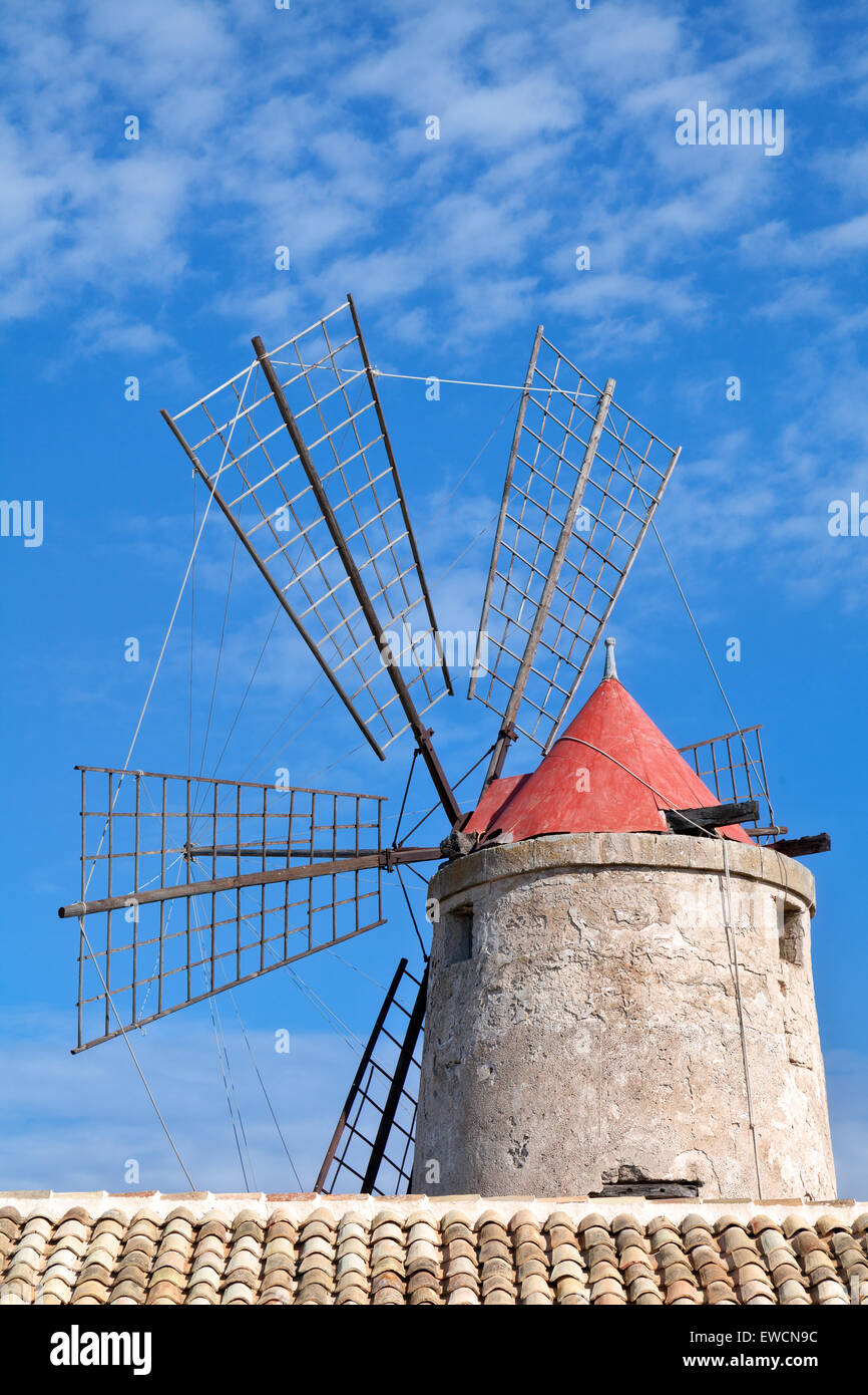 Old windmill on the saltworks in Trapani, Sicily, Italy Stock Photo