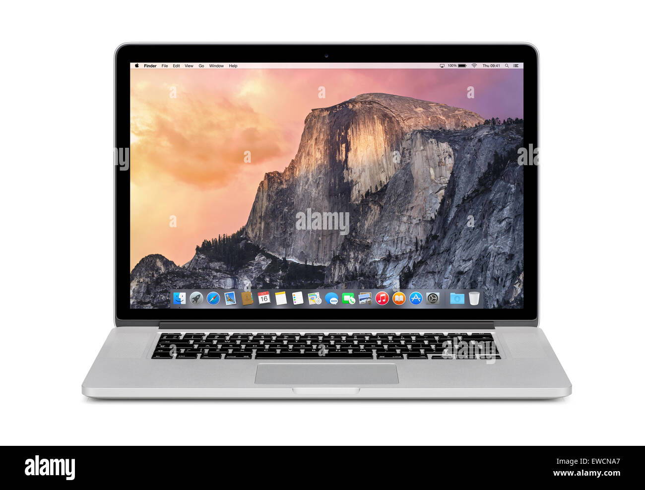 Varna, Bulgaria – November 03, 2013: Front view of Apple 15 inch MacBook Pro Retina with OS X Yosemite on the display. Isolated Stock Photo