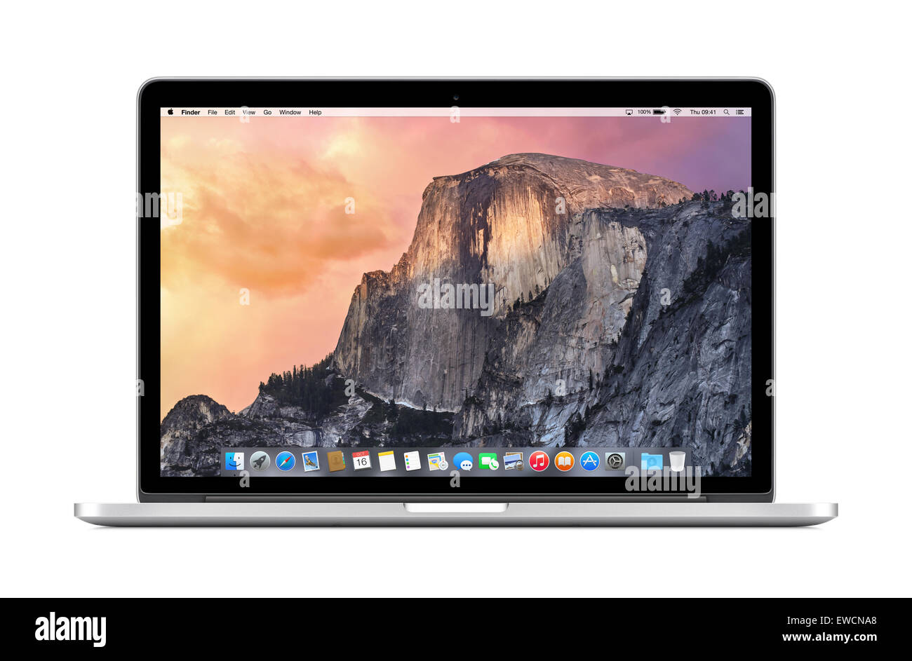 Varna, Bulgaria - November 03, 2013: Directly front view of Apple 15 inch MacBook Pro Retina with OS X Yosemite on the display. Stock Photo