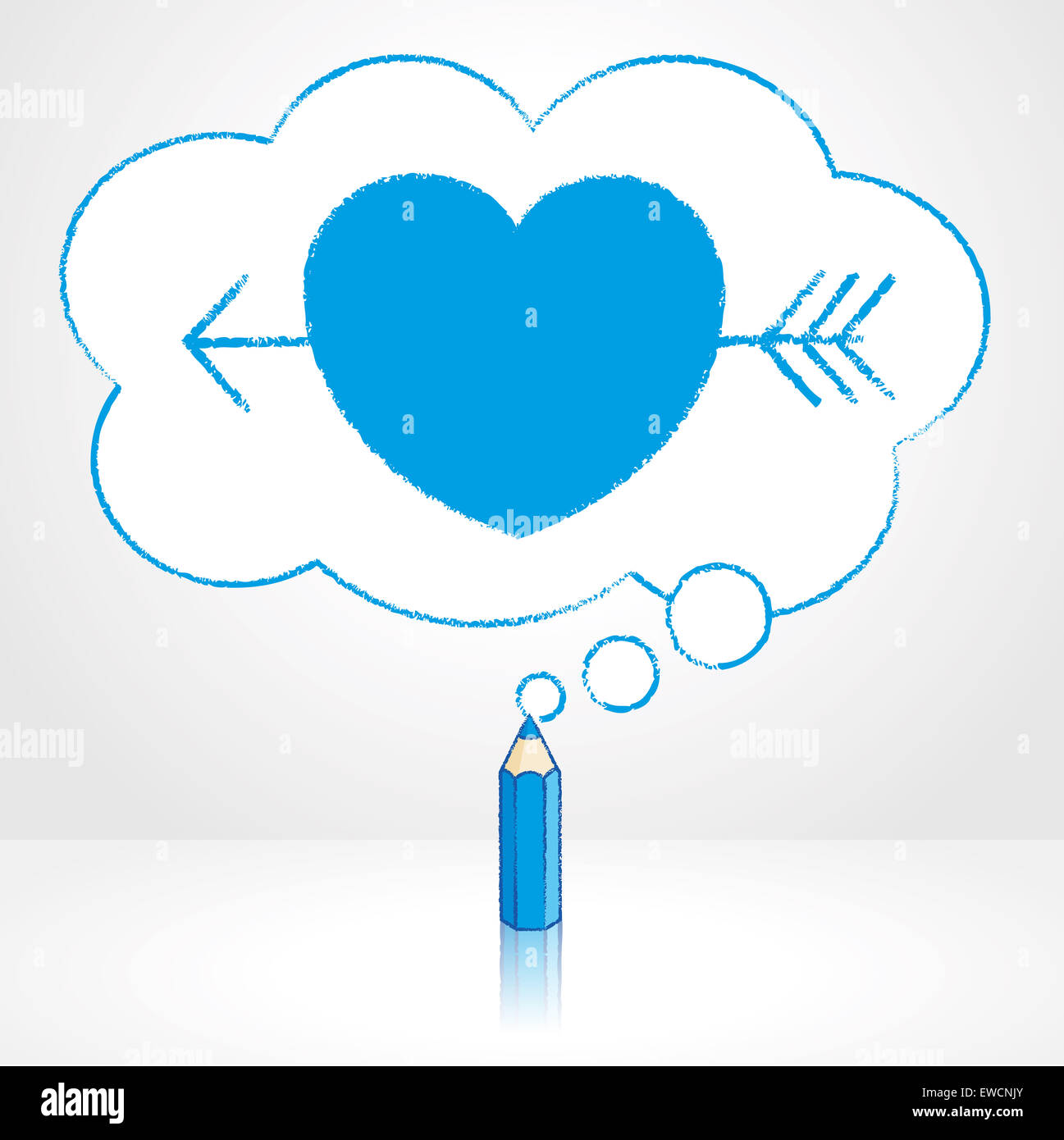 Blue Pencil with Reflection Drawing Cupid's Arrow through Heart Icon in ...