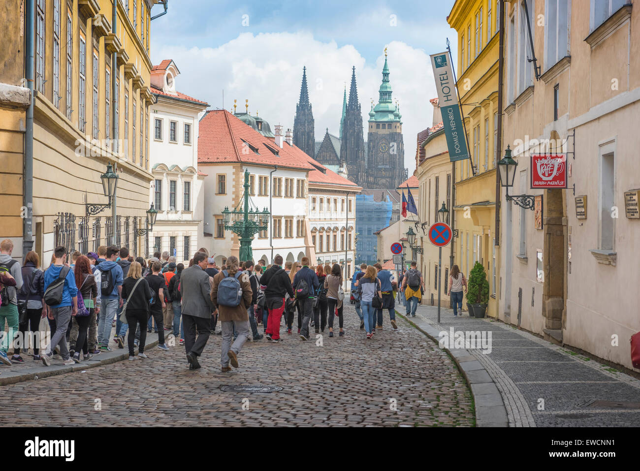 Prague Hradcany, along Uvoz in the Hradcany district of Prague a group of tourists head for the landmark St. Vitus Cathedral, Czech Republic. Stock Photo