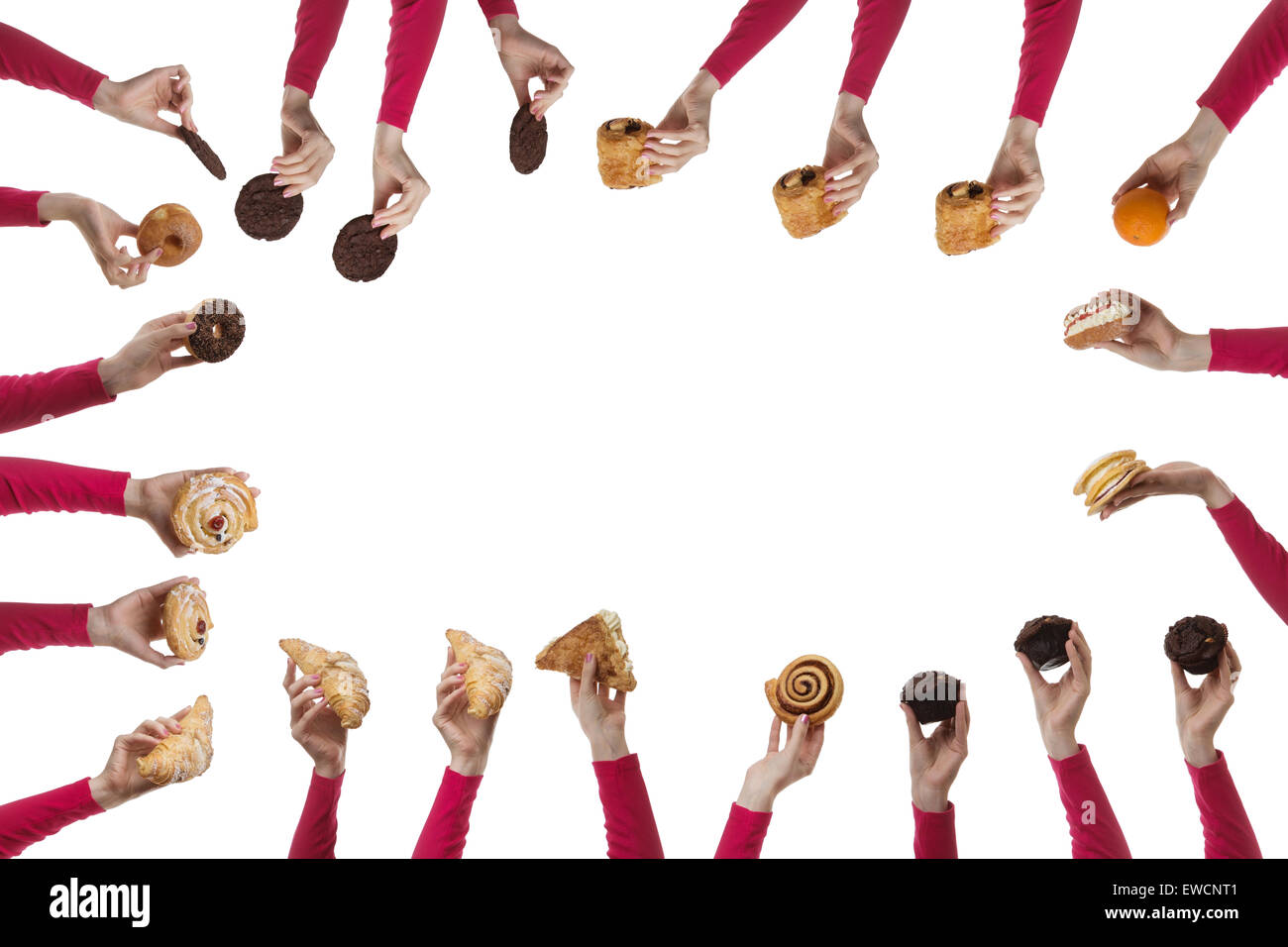 many hands holding different cakes, cut out on white background Stock Photo